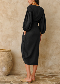 Vestido Midi Casual Negro con fruncido y manga farol - Negro