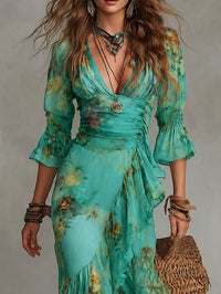 Vestido Estampado Verde Hierba con gasa, volantes y abertura - Verde Hierba