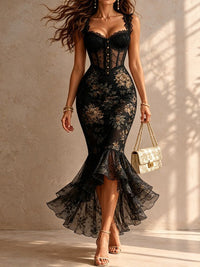 Vestido Estampado Romántico Negro con corte sirena, remate de encaje y floral - Negro