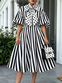 Vestido Midi Blanco con a rayas, lunares y lazo - Blanco