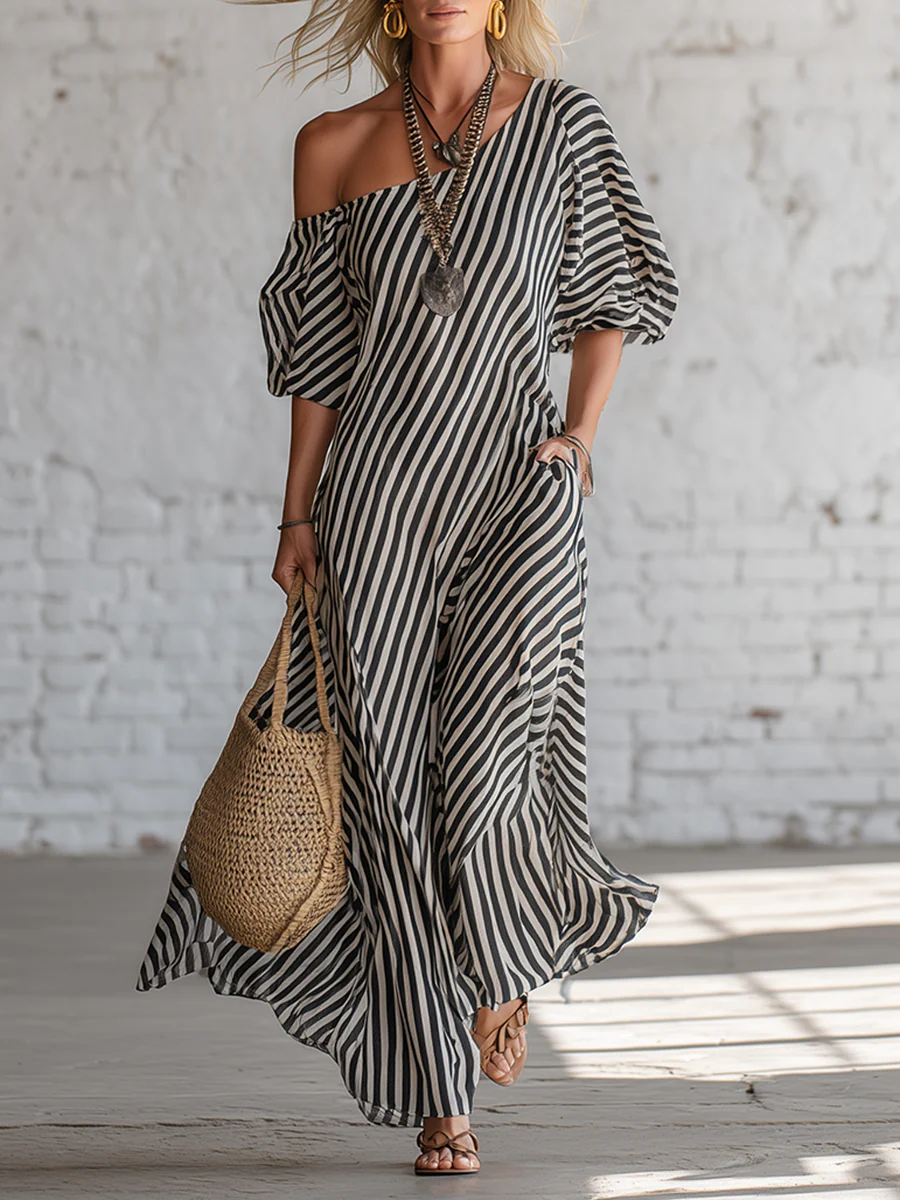 Vestido Largo Elegante con a rayas y hombros descubiertos - Negro