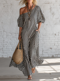 Vestido Largo Elegante con a rayas y hombros descubiertos - Negro