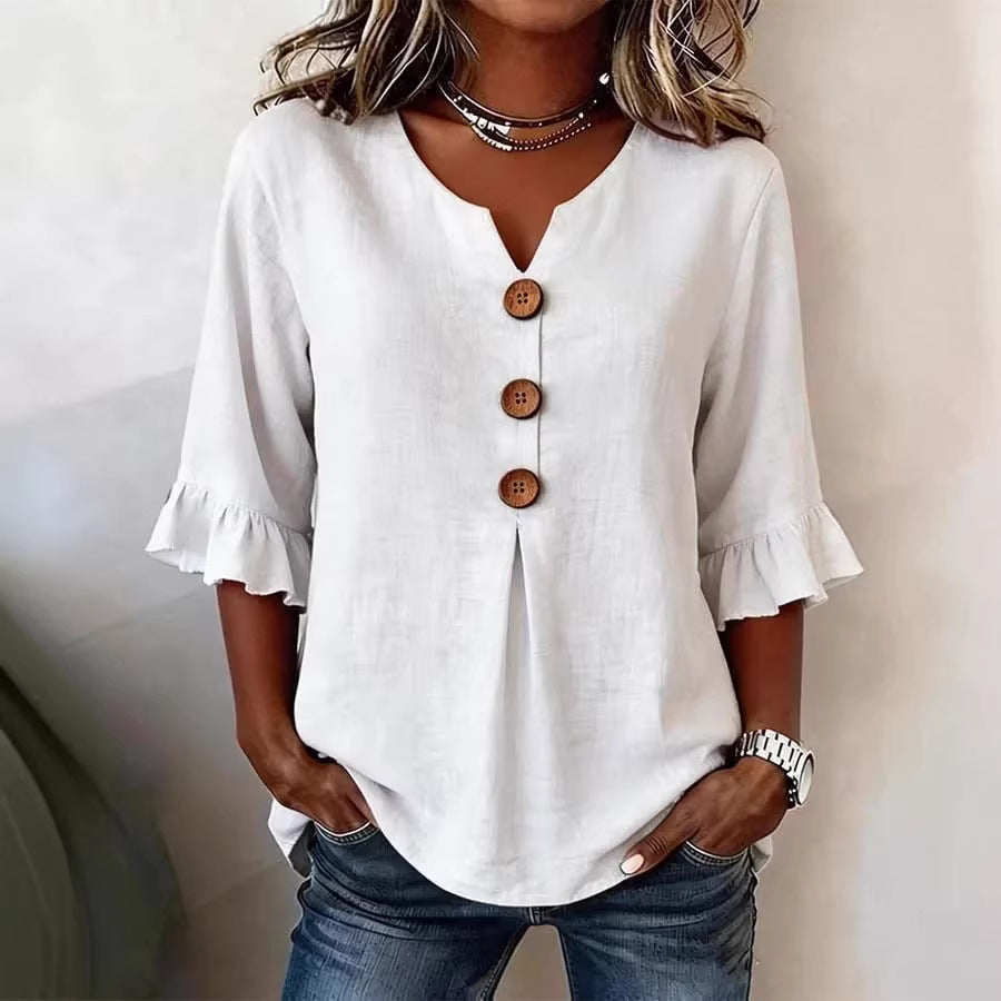 Blusa Casual con escote en V y volante - Blanco