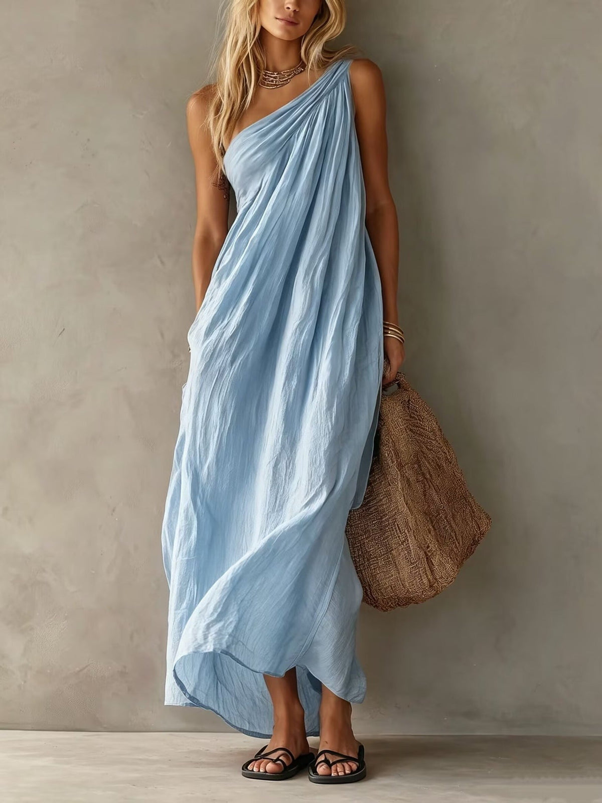Vestido Largo Elegante Sin Mangas con un solo hombro - Azul Cielo