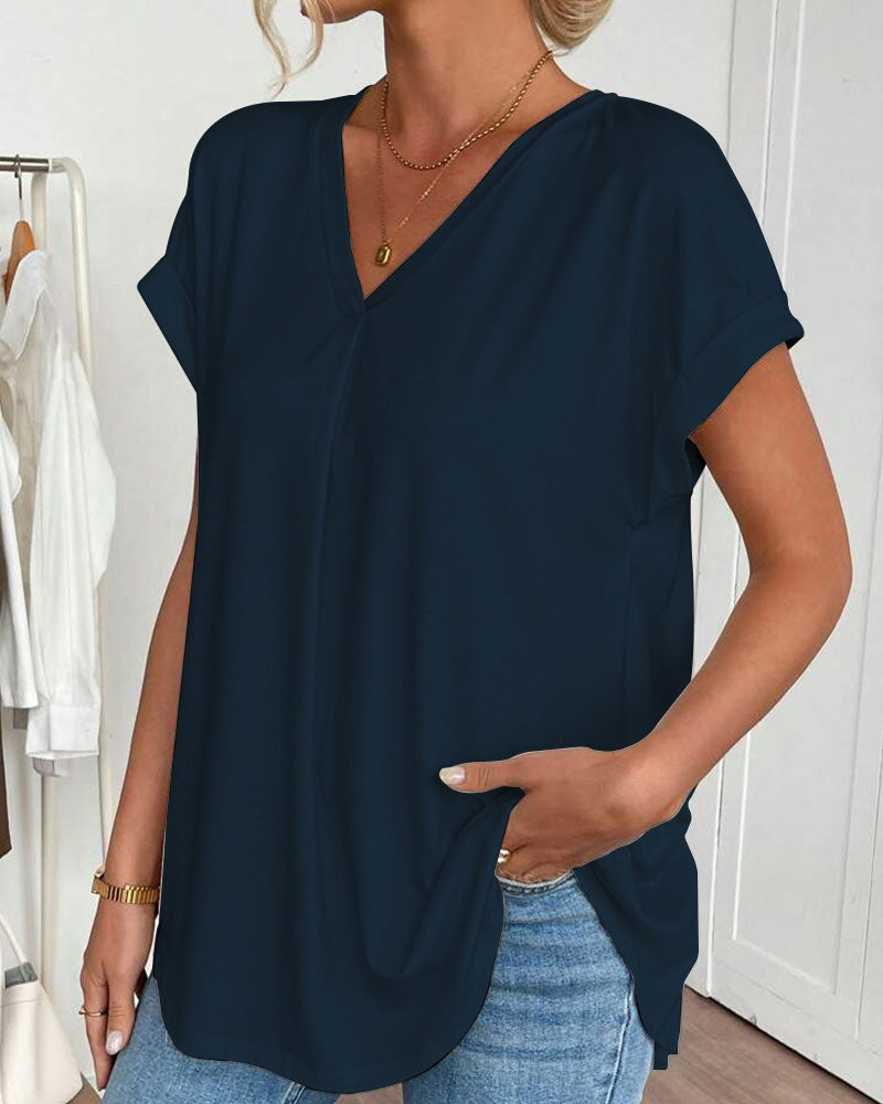 Μονόχρωμο T-Shirt με κοντά μανίκια και λεπτομέρεια Patchwork