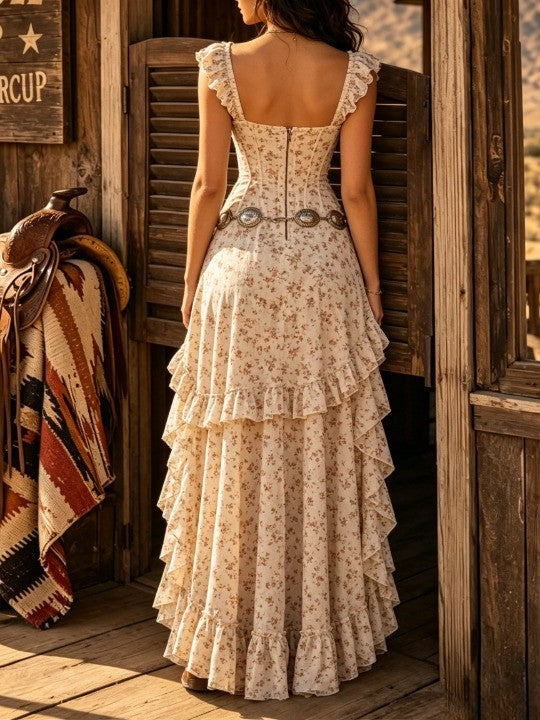 Vestido Estampado Boho Beige con volantes, volantes escalonados, abertura y cinturón - Beige