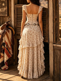 Vestido Estampado Boho Beige con volantes, volantes escalonados, abertura y cinturón - Beige