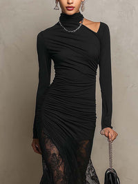 Vestido Largo Negro Manga Larga con cut out, fruncido, punto y encaje - Negro