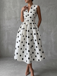 Vestido Midi Blanco Sin Mangas con lunares - Blanco