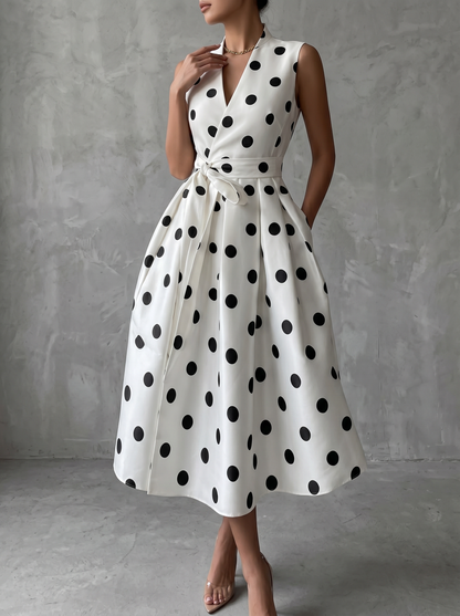 Vestido Midi Blanco Sin Mangas con lunares - Blanco