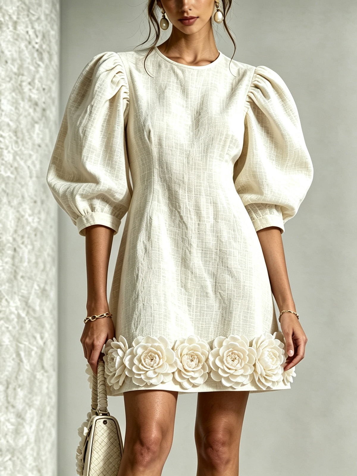 Vestido Estampado Blanco con flores en 3D, manga abullonada, algodón y lino - Blanco