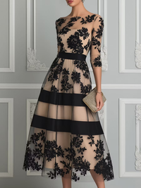 Vestido Midi Elegante Negro con encaje - Negro
