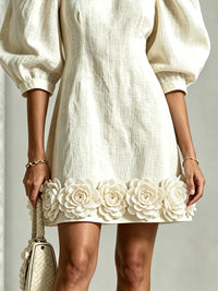 Vestido Estampado Blanco con flores en 3D, manga abullonada, algodón y lino - Blanco