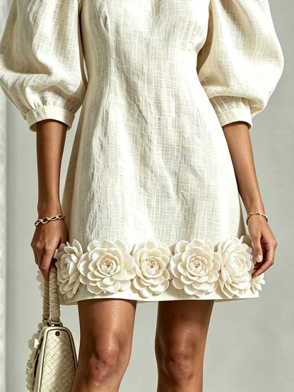 Vestido Estampado Blanco con flores en 3D, manga abullonada, algodón y lino - Blanco