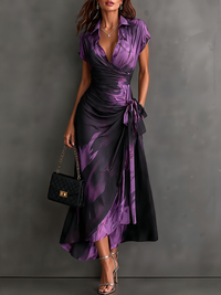 Vestido Largo Morado Manga Corta con estampado abstracto, cruzado, cuello camisero y escote en V - Morado