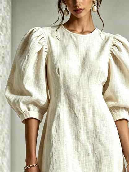 Vestido Estampado Blanco con flores en 3D, manga abullonada, algodón y lino - Blanco
