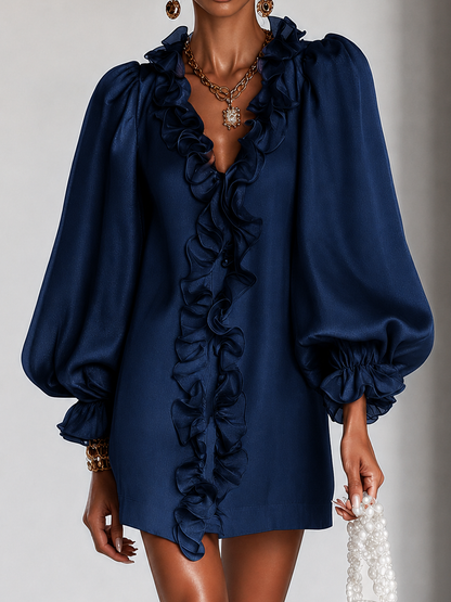 Minivestido Azul Marino Corte Holgado con volantes, manga abullonada y corte recto - Azul Marino