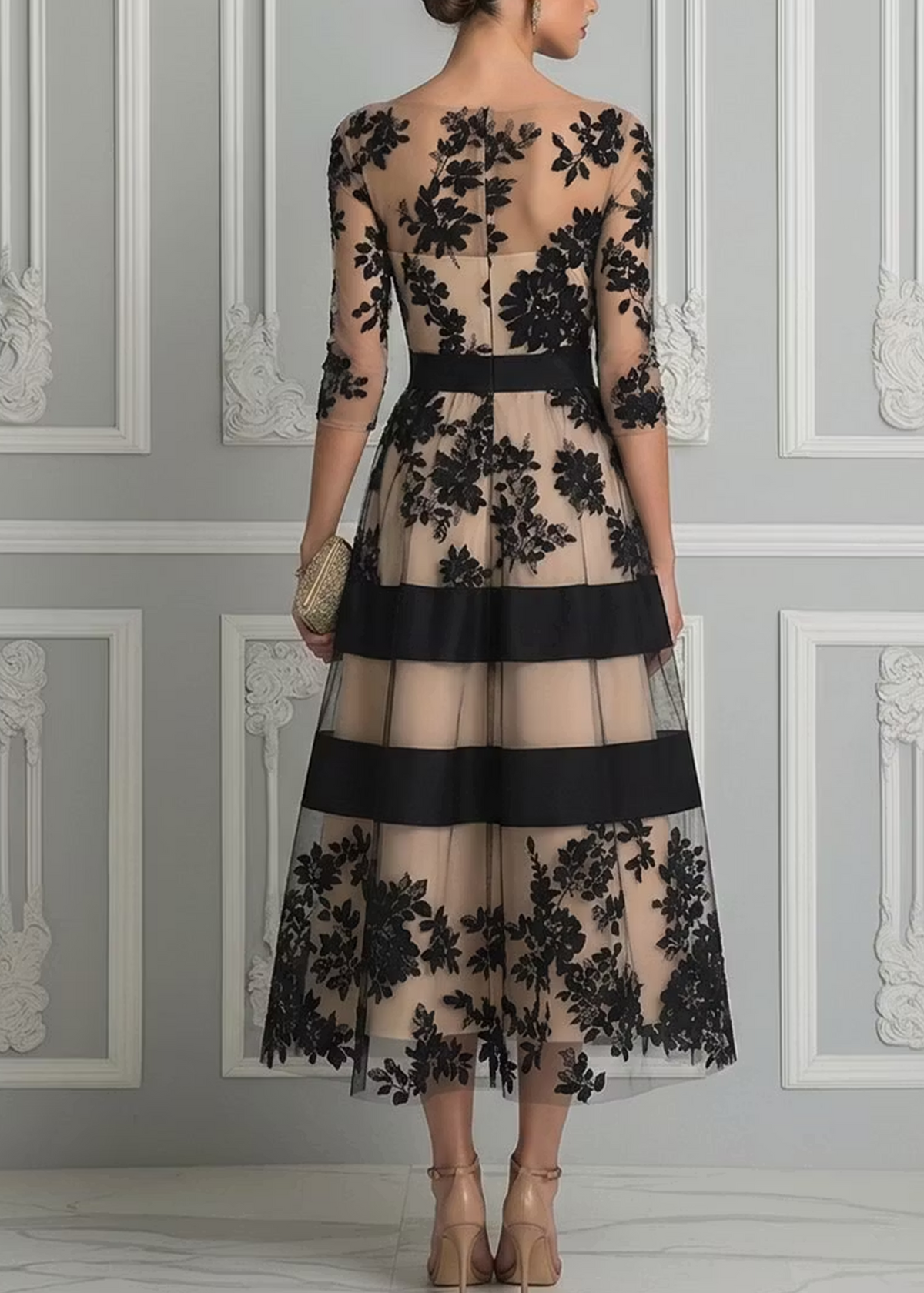 Vestido Midi Elegante Negro con encaje - Negro