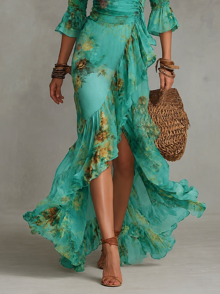 Vestido Estampado Verde Hierba con gasa, volantes y abertura - Verde Hierba