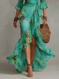 Vestido Estampado Verde Hierba con gasa, volantes y abertura - Verde Hierba