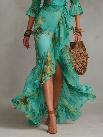 Vestido Estampado Verde Hierba con gasa, volantes y abertura - Verde Hierba