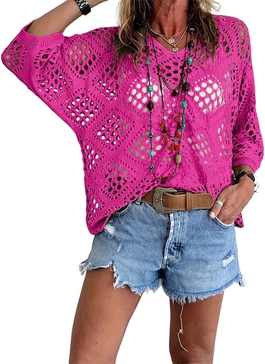 Blusa Boho con escote en V, calado, manga murciélago y punto - Verde
