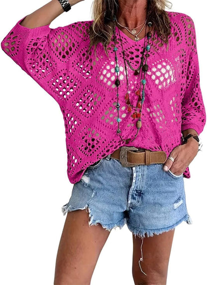 Blusa Boho con escote en V, calado, manga murciélago y punto - Verde