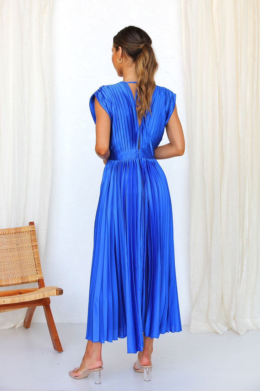 Vestido Midi Elegante con satén, plisado, escote en V y caída fluida - Azul