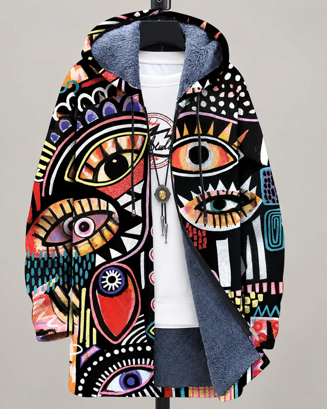 Elara Artistic Eye-Print Hooded Jacket - Mystic Eyes