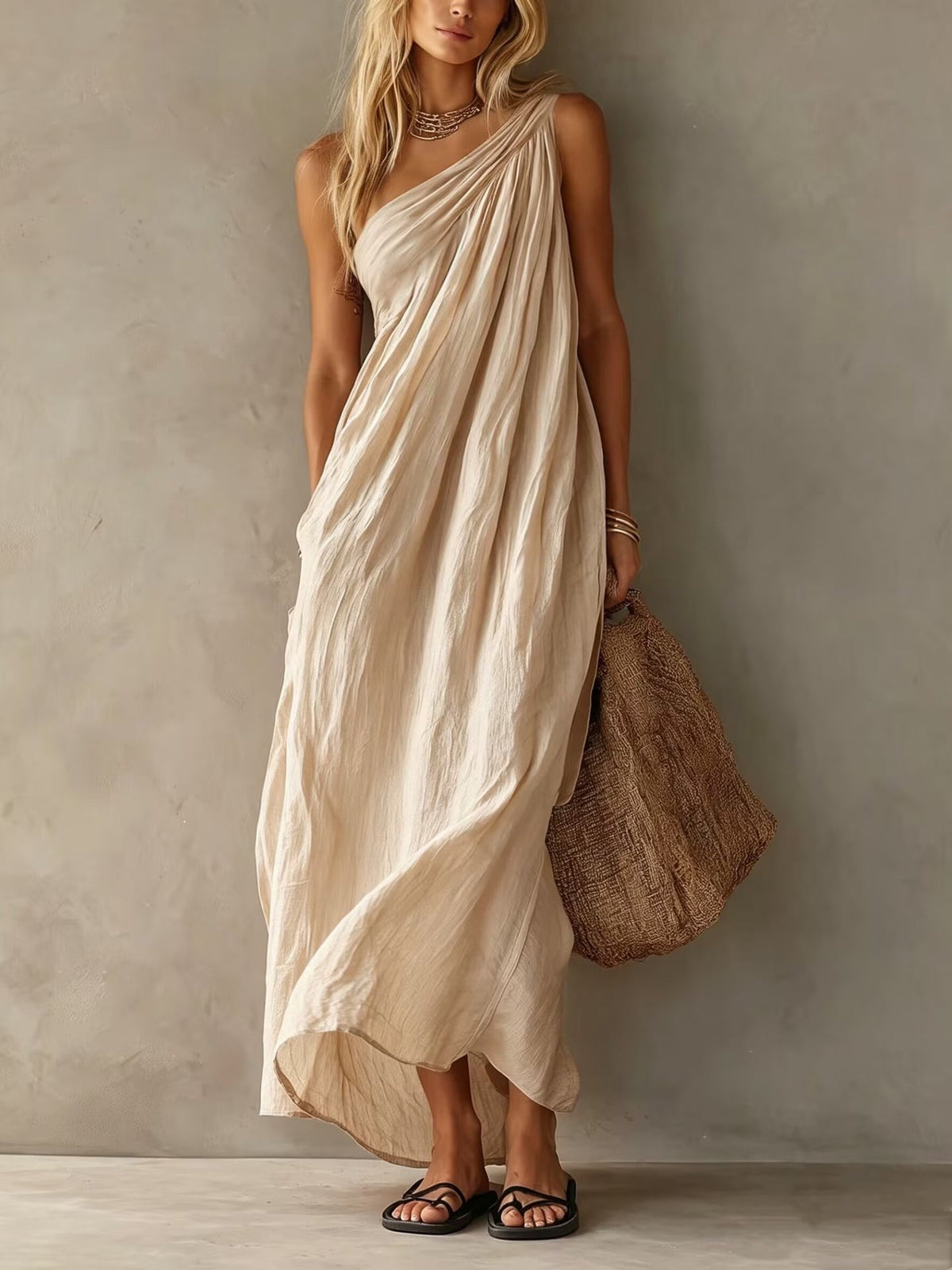 Vestido Largo Elegante Sin Mangas con un solo hombro - Azul Cielo
