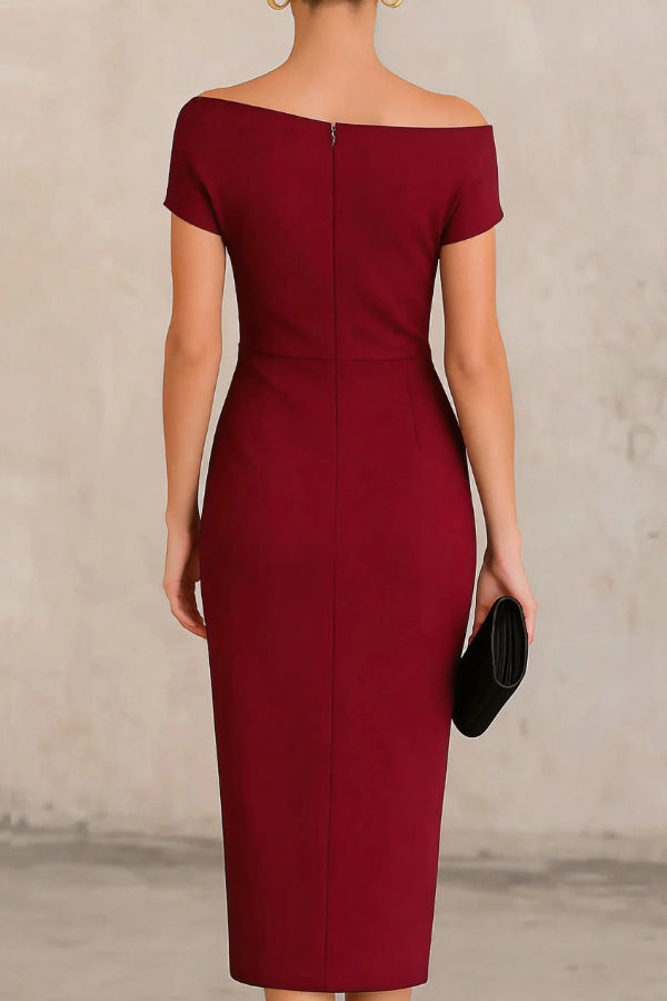 Vestido Midi Elegante Manga Corta con plisado - Blanco