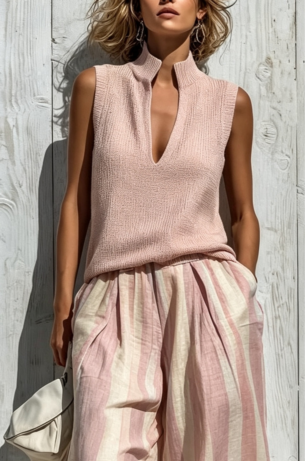 Conjunto Casual Rosa Sin Mangas con a rayas - Rosa