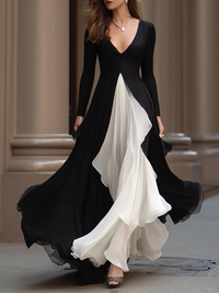 Vestido Largo Negro Manga Larga con escote en V y corte en A - Negro