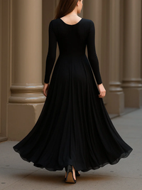 Vestido Largo Negro Manga Larga con escote en V y corte en A - Negro