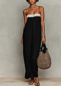 Vestido Largo Corte Holgado con remate de encaje - Negro