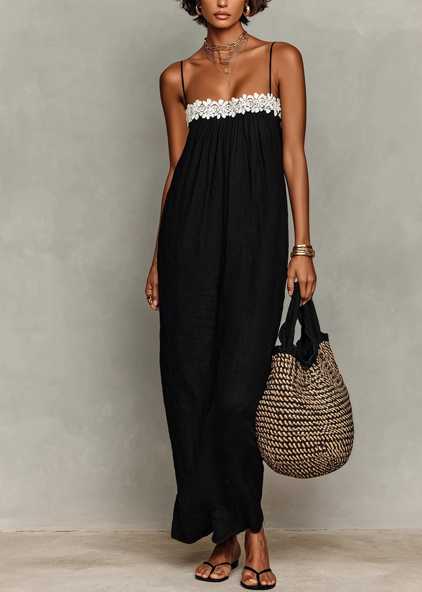 Vestido Largo Corte Holgado con remate de encaje - Negro