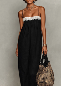 Vestido Largo Corte Holgado con remate de encaje - Negro