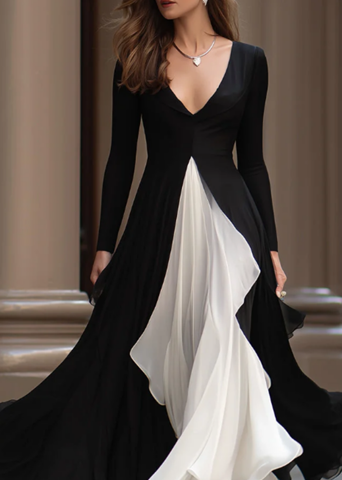Vestido Largo Negro Manga Larga con escote en V y corte en A - Negro