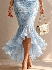 Vestido Estampado Romántico Azul con corte sirena, remate de encaje y floral - Azul