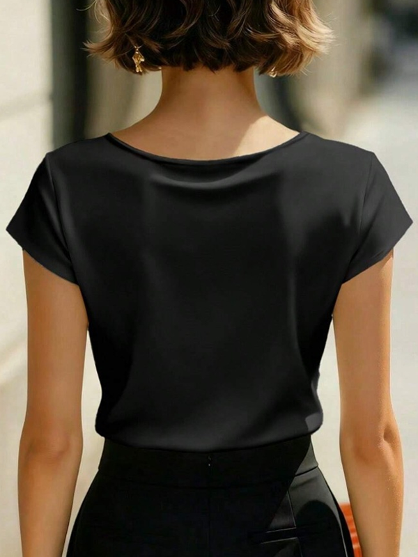 Blusa Elegante Manga Corta con satén, cruzado y escote en V - Negro