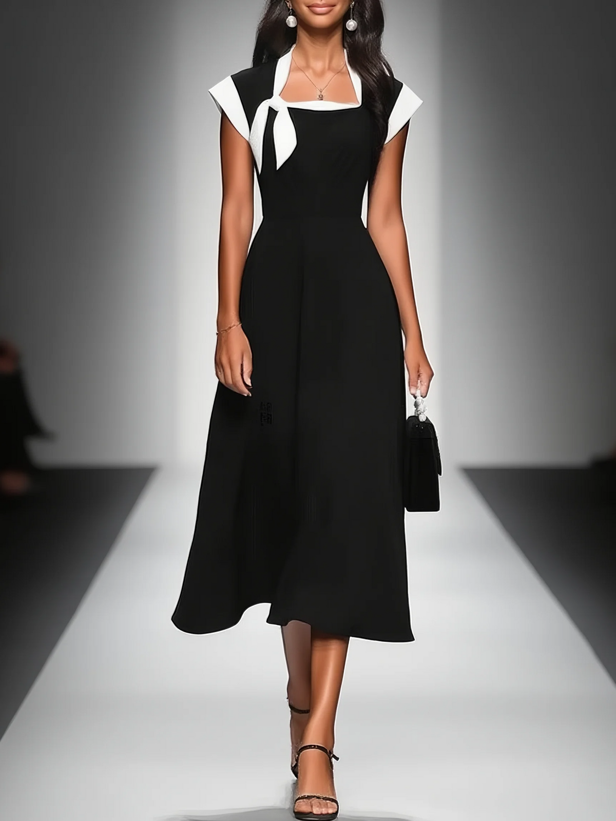 Vestido Midi Negro Colorblock con Cuello Cuadrado y Manga Corta