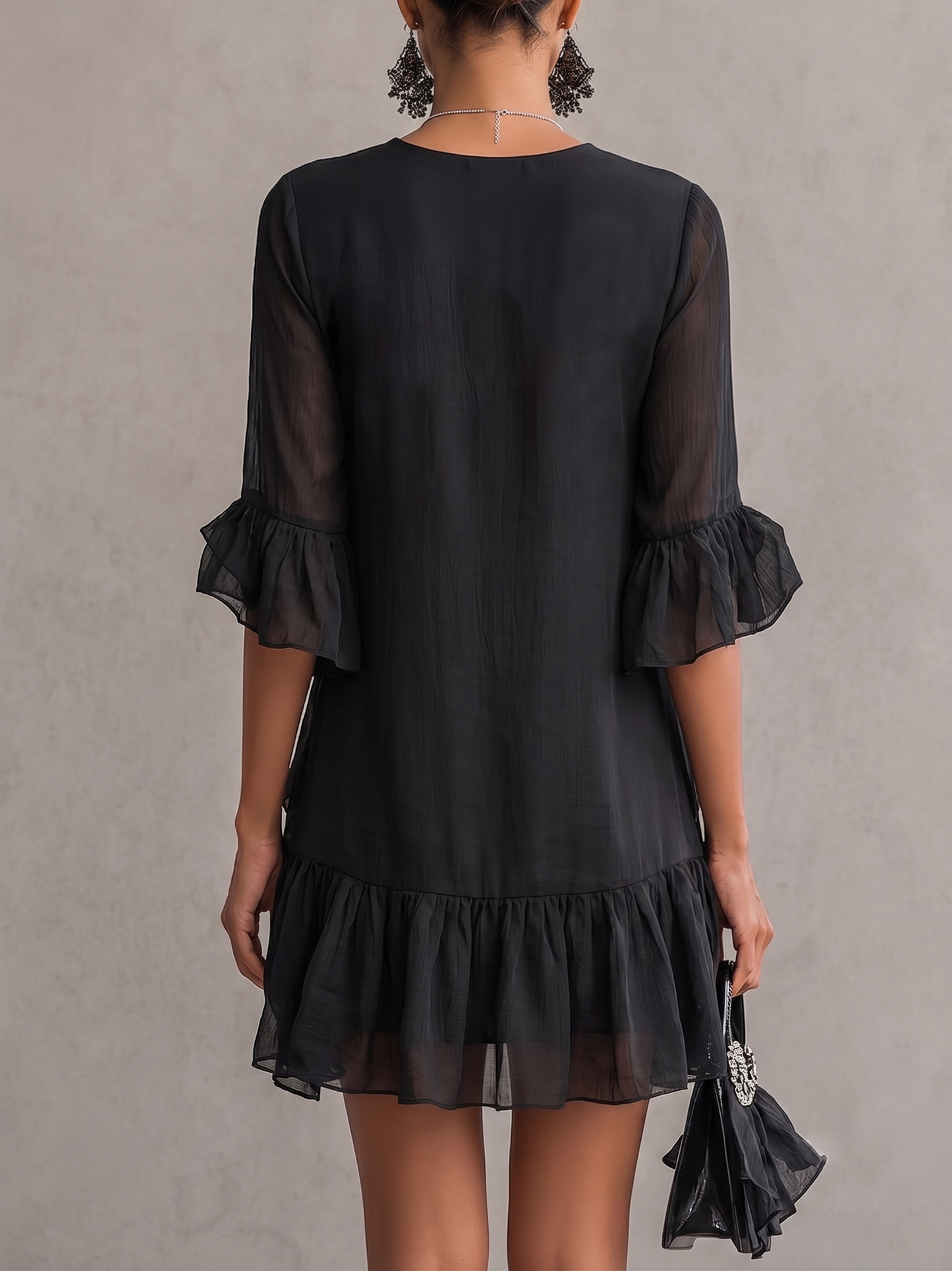 Minivestido Negro con volantes, gasa y encaje - Negro