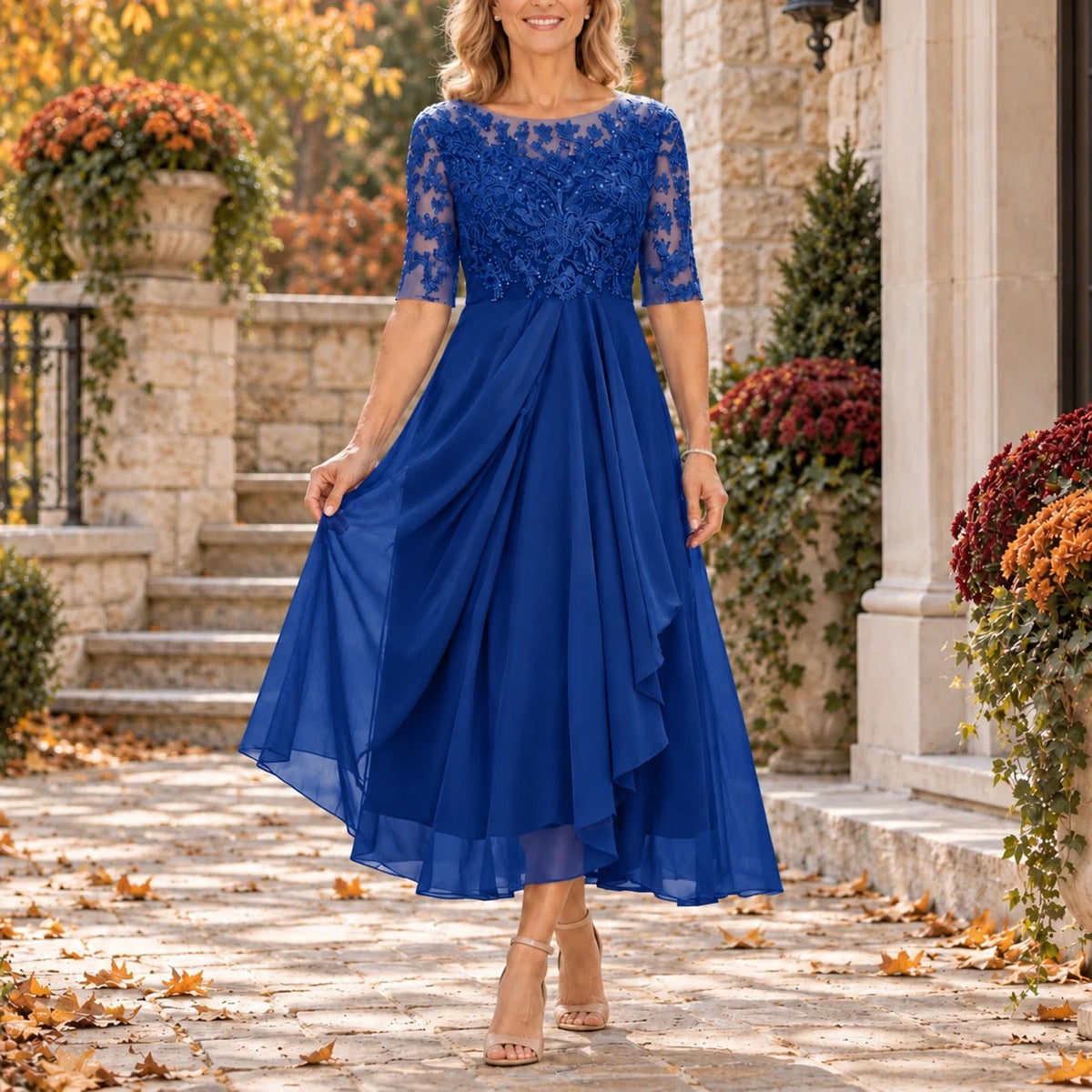 Rachel | Lace Bodice Draped Midi Dress