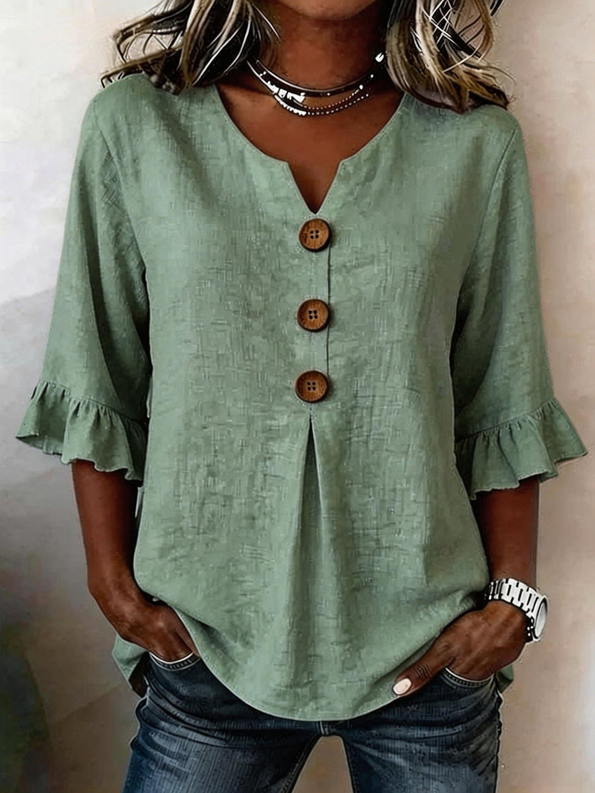 Blusa Casual con escote en V y volante - Azul Cielo