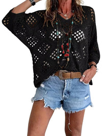 Blusa Boho con escote en V, calado, manga murciélago y punto - Albaricoque
