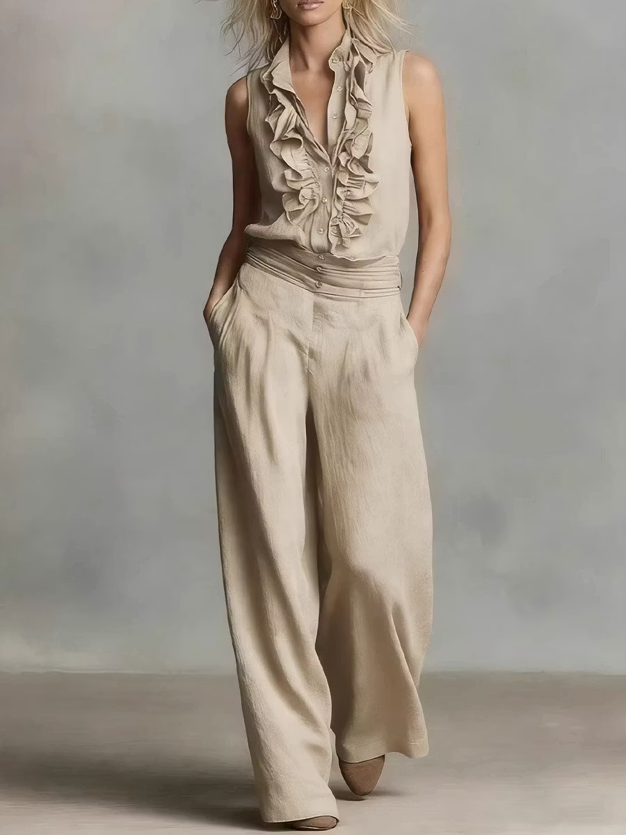 Conjunto Sin Mangas con volante y pierna ancha - Beige