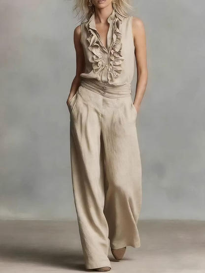 Conjunto Sin Mangas con volante y pierna ancha - Beige
