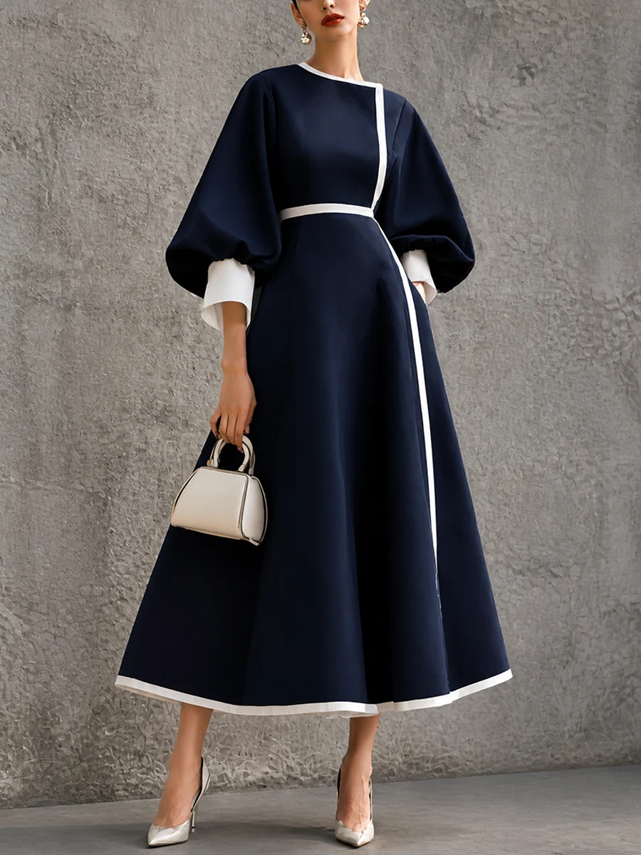 Vestido Midi Elegante Azul Marino con cintura marcada y corte en A - Azul Marino