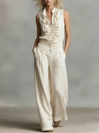 Conjunto Sin Mangas con volante y pierna ancha - Beige