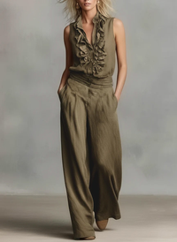 Conjunto Sin Mangas con volante y pierna ancha - Beige